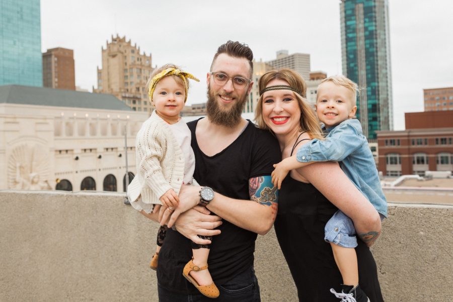 Chris and summer Shealy Family photo downtown fort worth texas rooftop