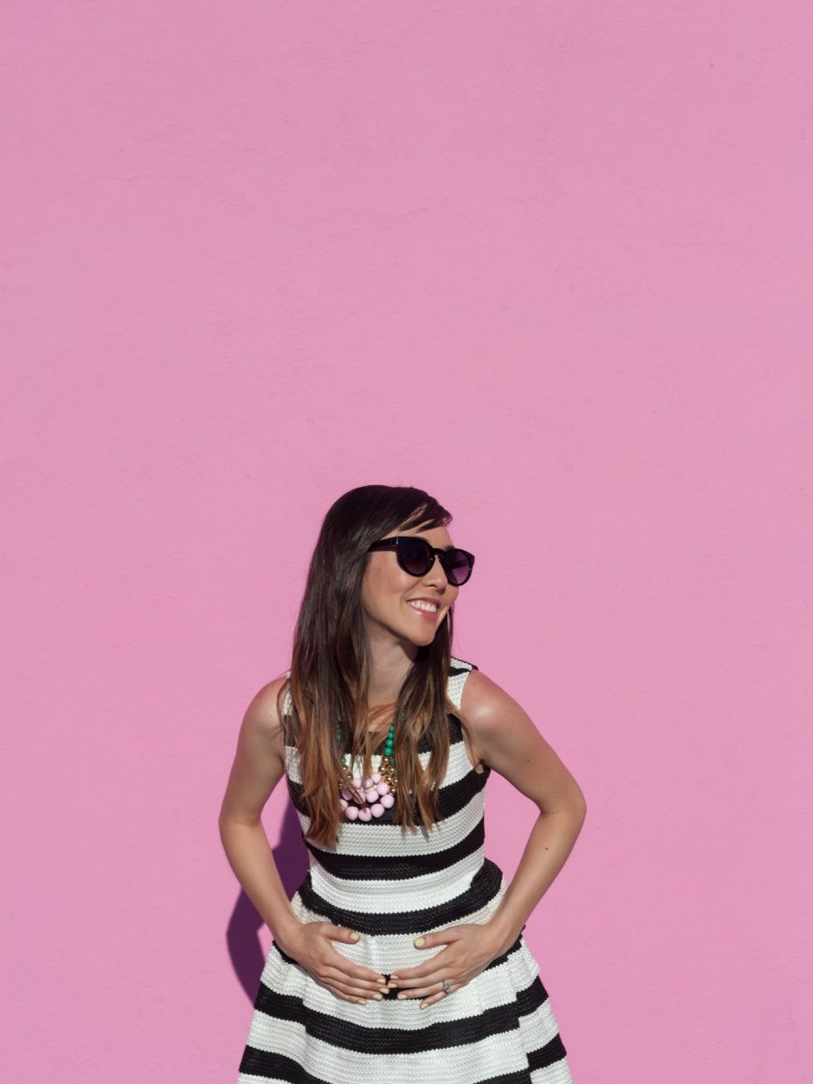 Lauren Zoucha at Paul Smith Pink Wall in LA Los Angeles. It's a girl pregnancy announcement photography black and white striped dress