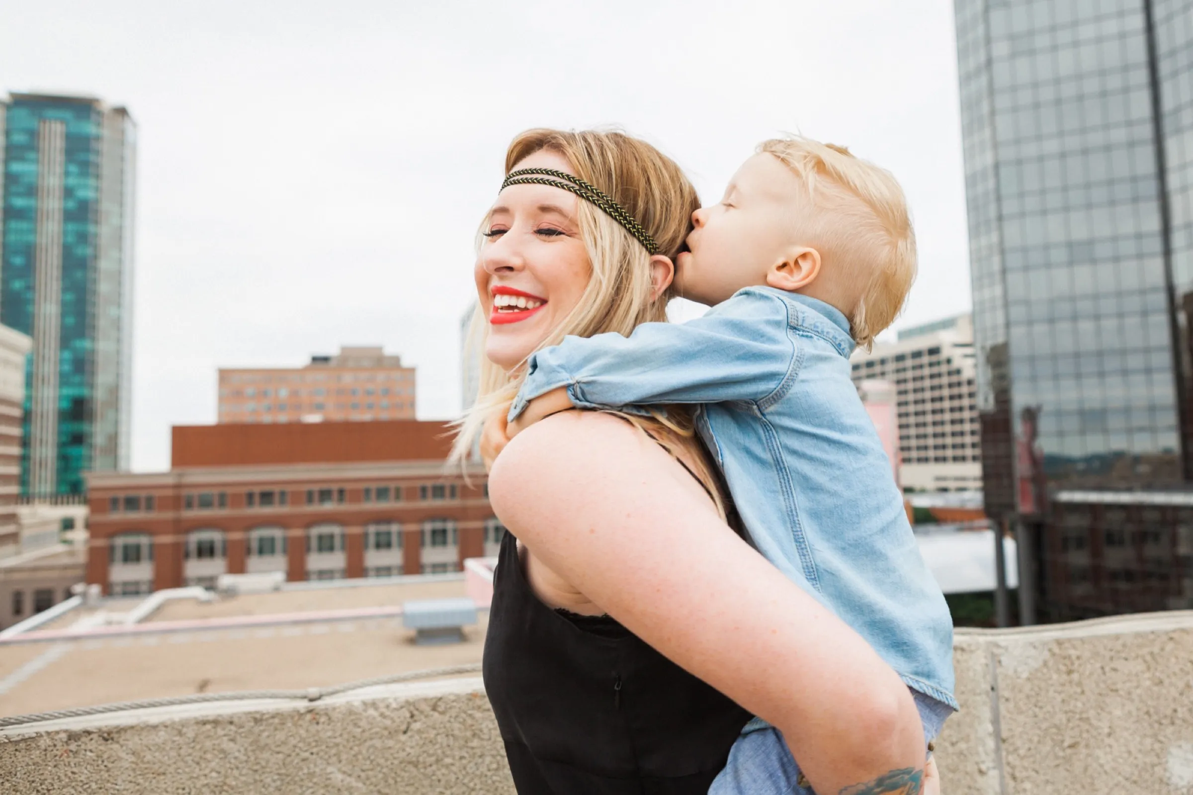 Shealy Family photo mother and son mom and son downtown fort worth texas rooftop location
